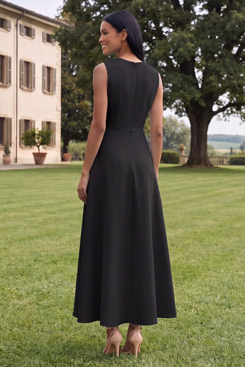 A Line Round Neck Yellow Floral Maxi Formal Dress