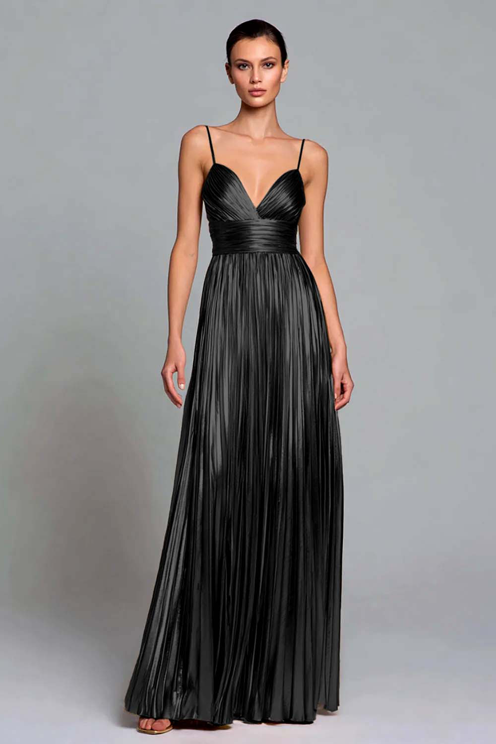 Sparkly Gold A-Line Metallic Pleated Spaghetti Straps Long Formal Dress
