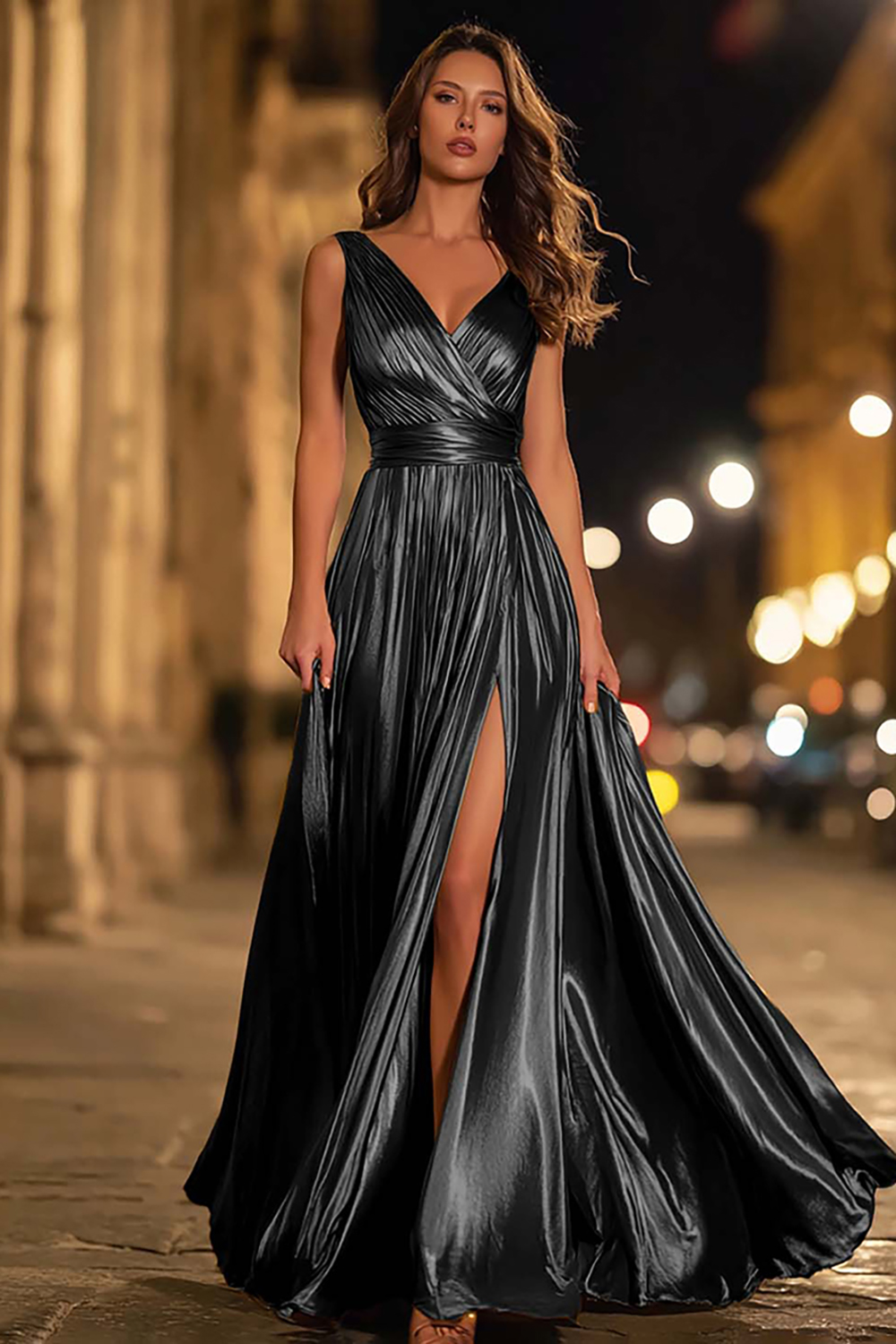 Metallic Gold Ruched V-Neck A-Line Long Formal Dress with Slit