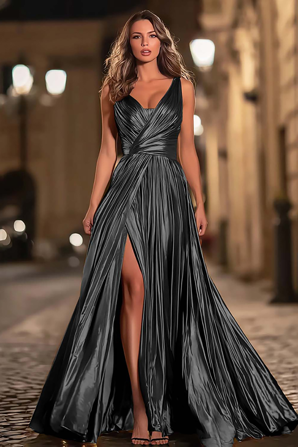 Sparkly Gold Metallic Pleated V-Neck A-Line Long Formal Dress with Slit