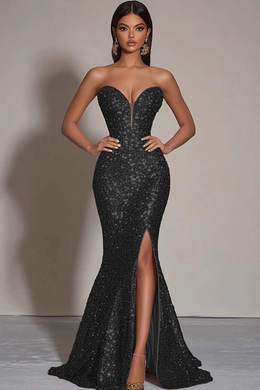 Sparkly Gold Sequins Mermaid Strapless Long Formal Dress with Slit