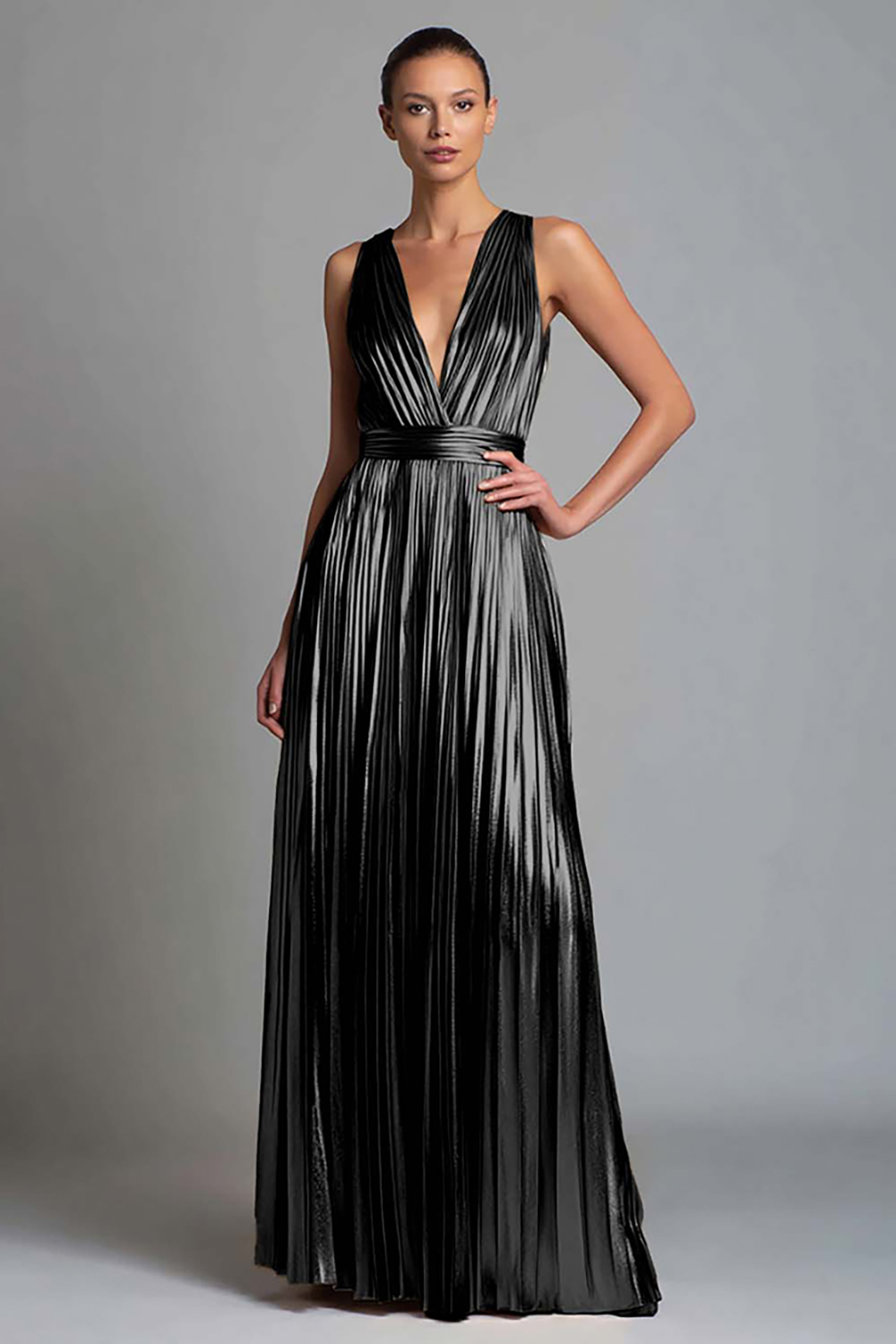 Sparkly Gold A-Line Metallic Pleated V-Neck Long Formal Dress