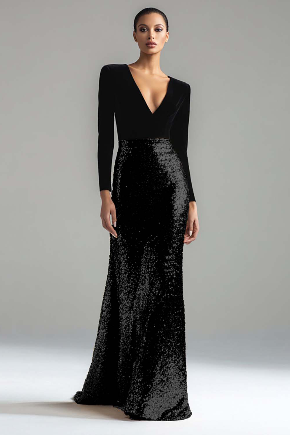 Sparkly Gold and Black V-Neck Velvet Long Sleeves Holiday Party Dress