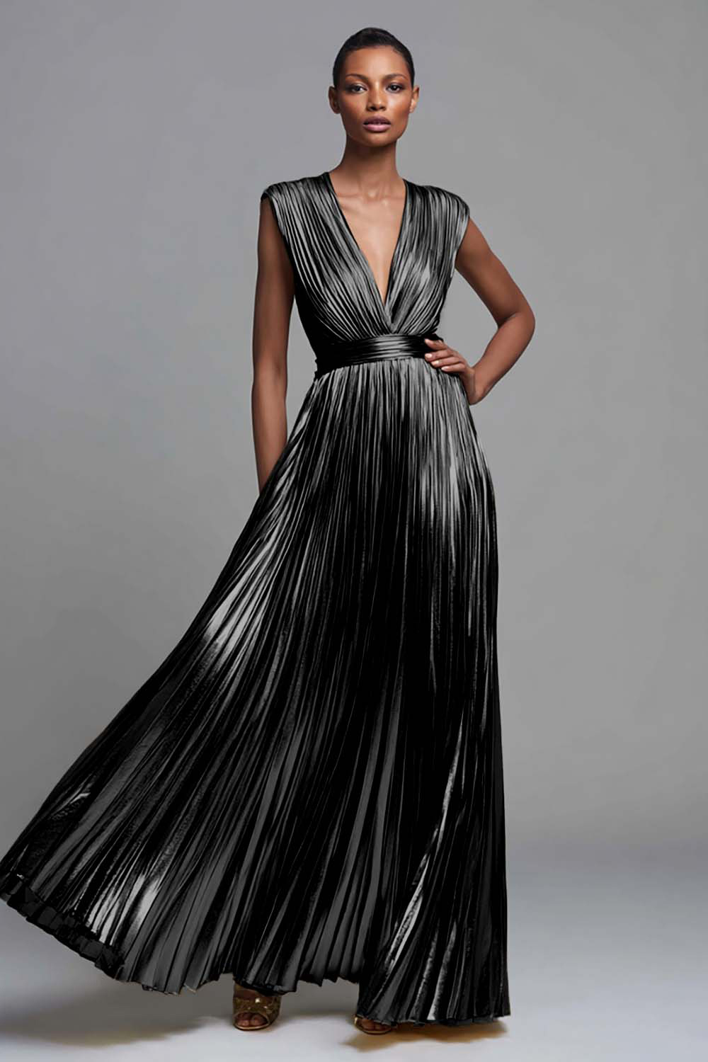 Sparkly Gold A-Line Deep V-Neck Metallic Pleated Long Formal Dress