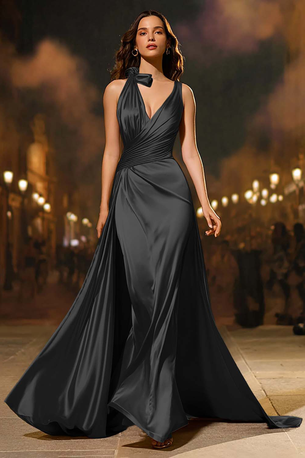 Gold Satin Mermaid V-Neck Ruched Long Formal Dress with Cape