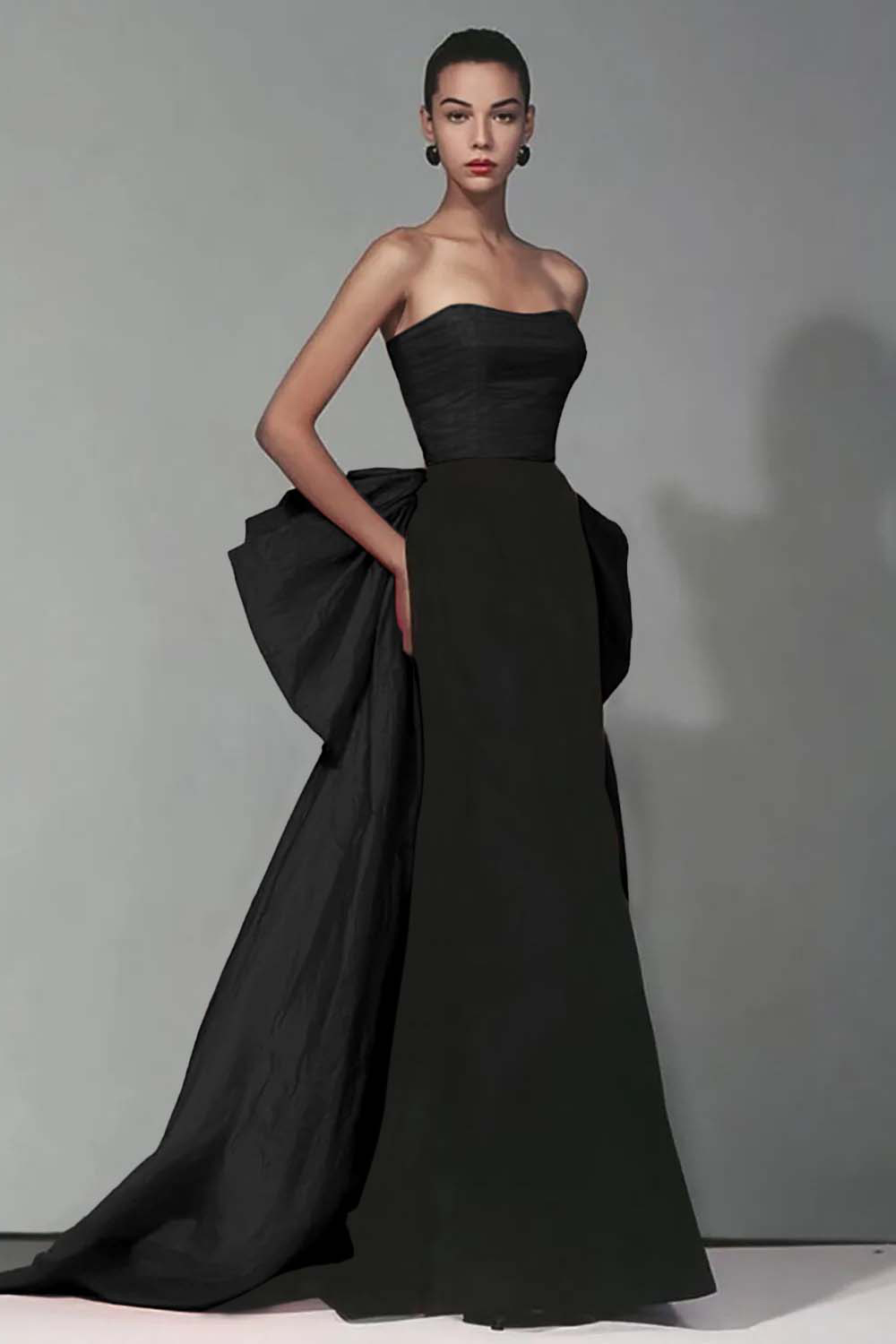 Elegant Black and Red Strapless Long Mermaid Formal Dress with Bow