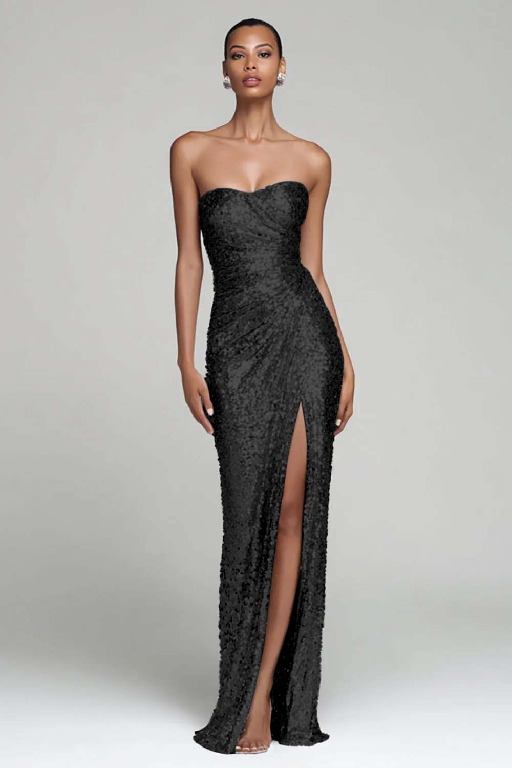 Sparkly Silver Strapless Ruched Long Sequin Holiday Party Dress with Slit