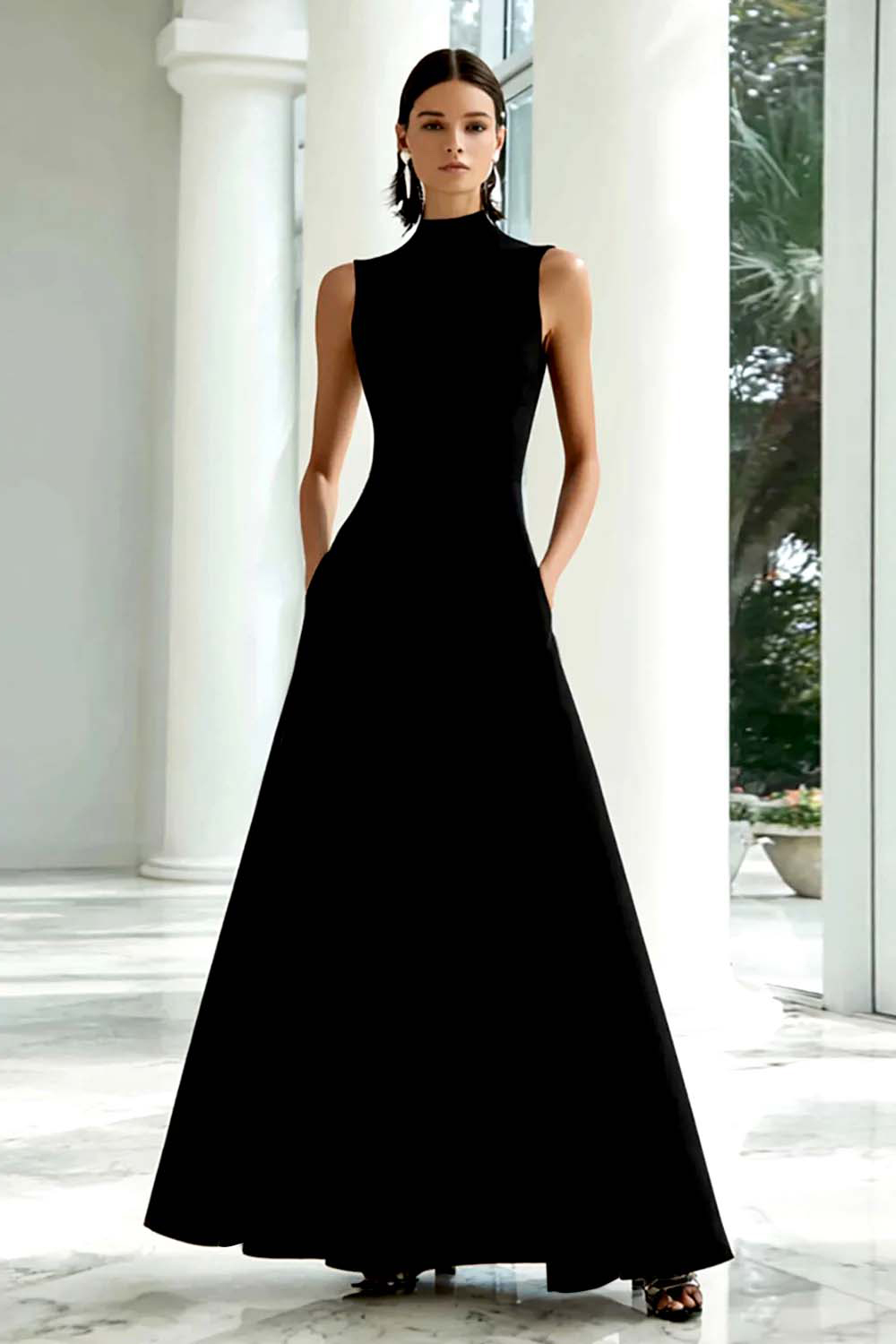 Black and White A-Line High Neck Long Satin Formal Dress