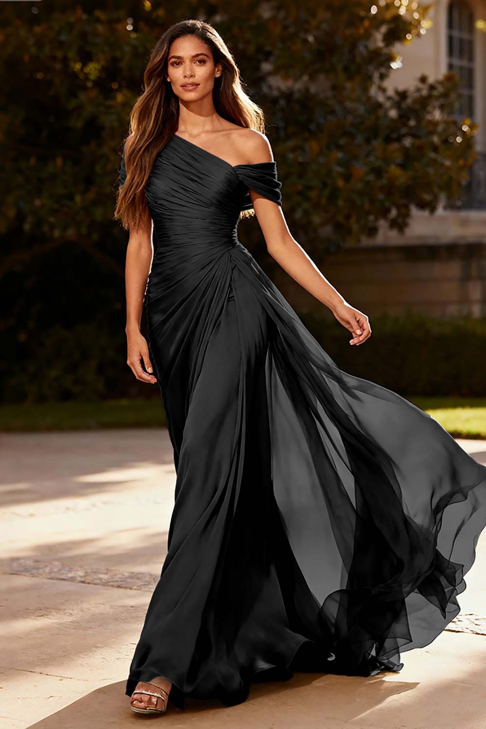 Dusty Sage One Shoulder Chiffon Ruched Long Formal Dress with Side Cape