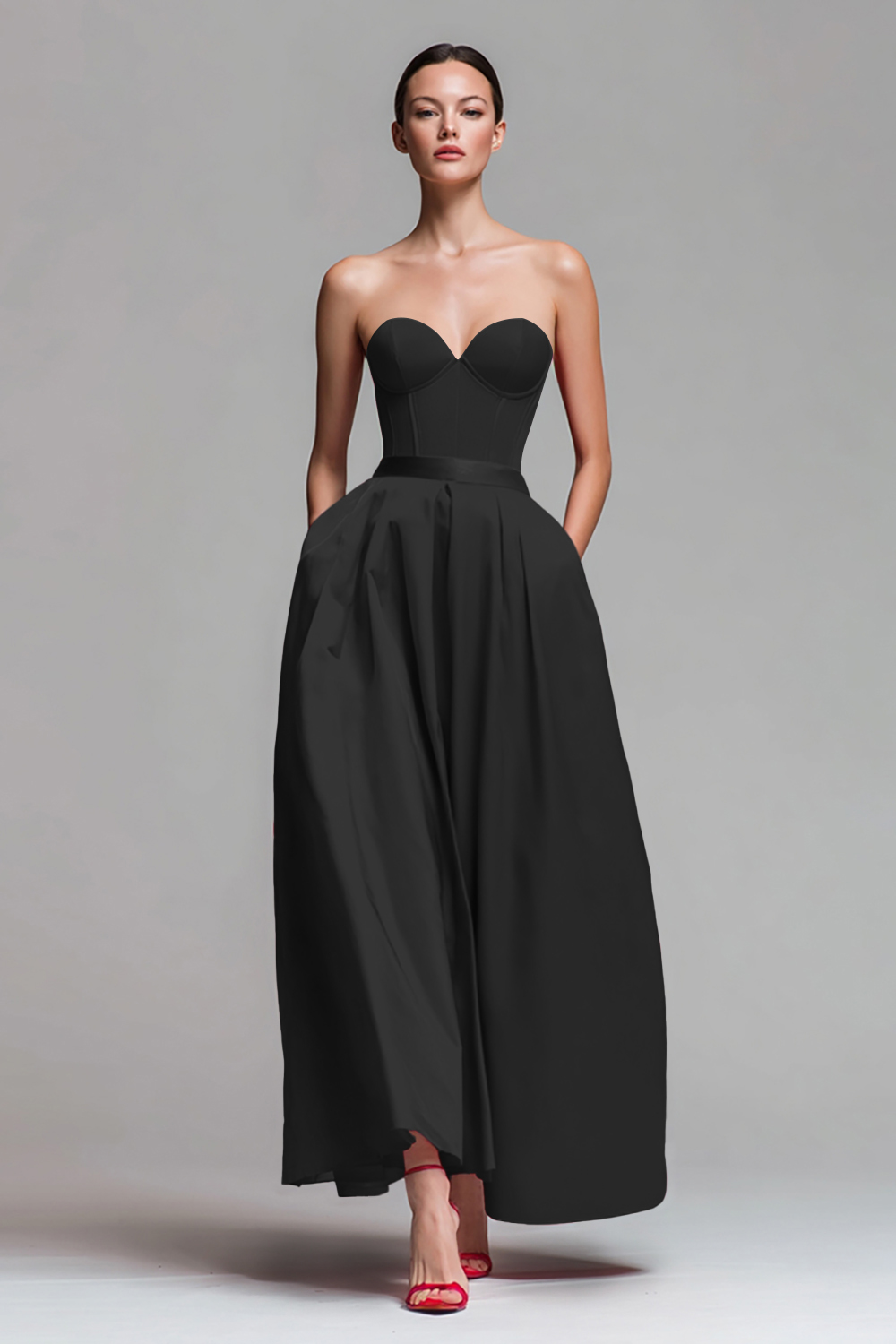 Red and Fuchsia A Line Satin Strapless Long Pageant Dress