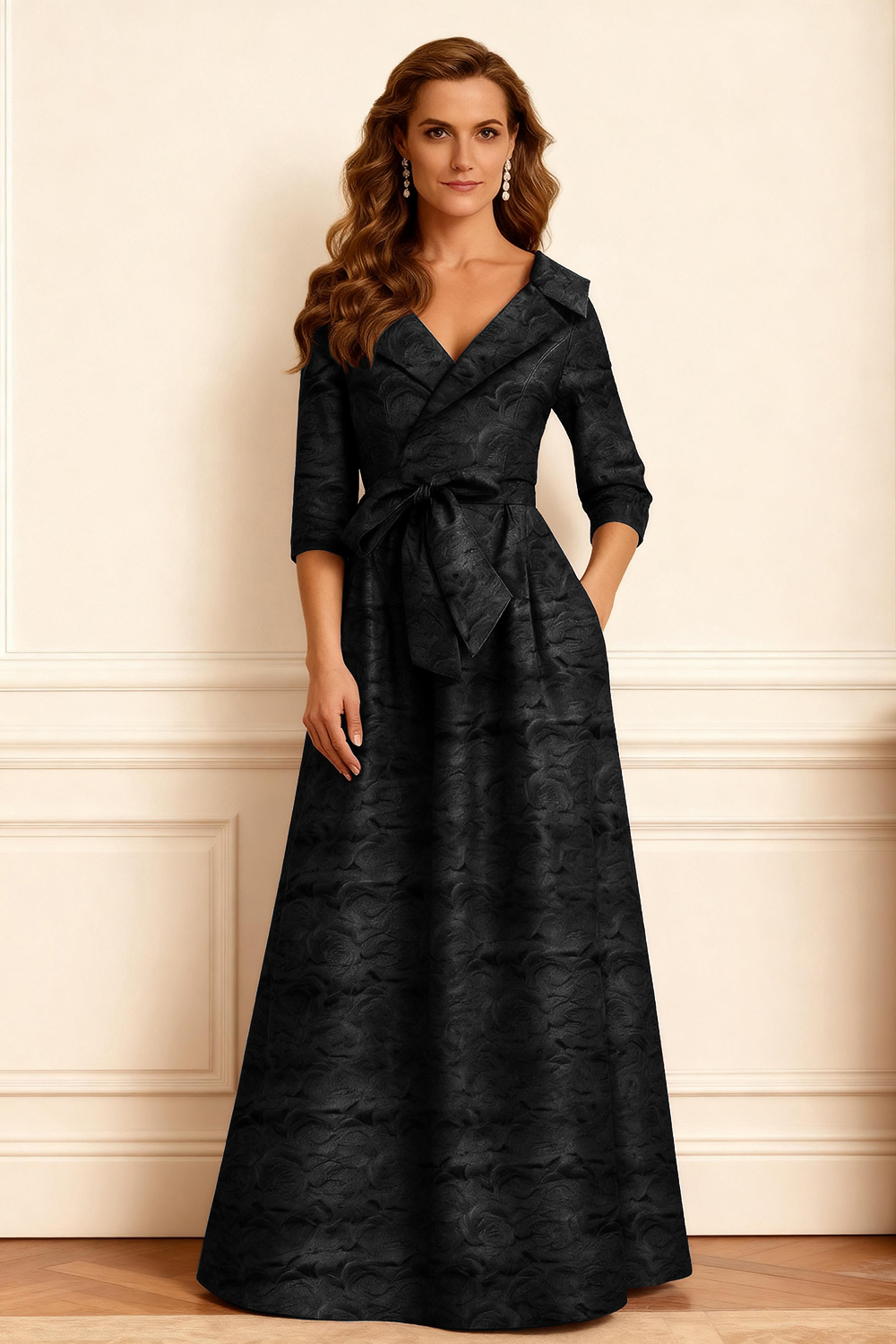 Floral Burgundy Jacquard A Line V-Neck Floor-Length Mother of the Bride Dress with Sleeves