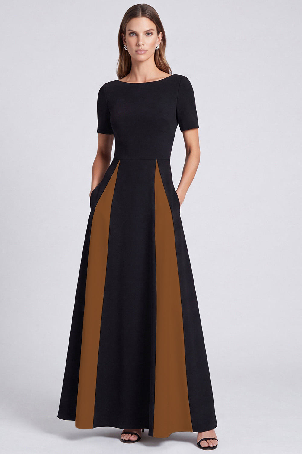 Black and White Boat Neck A Line Long Formal Dress with Pockets