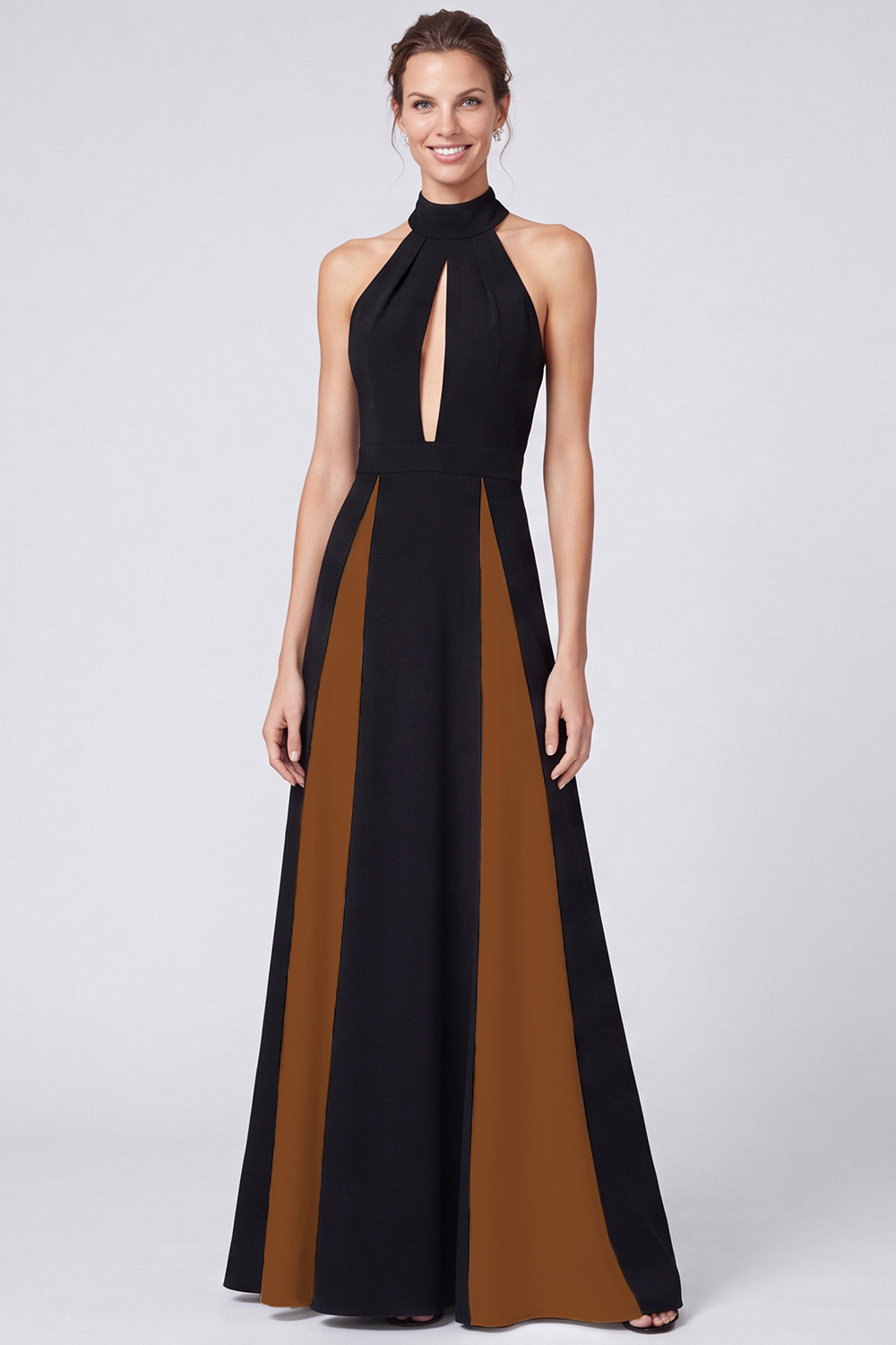 Black and White A Line Keyhole Patchwork Halter Long Formal Dress
