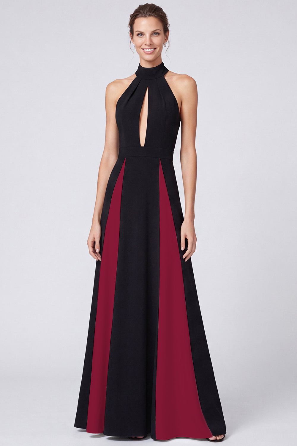 Black and White A Line Keyhole Patchwork Halter Long Formal Dress