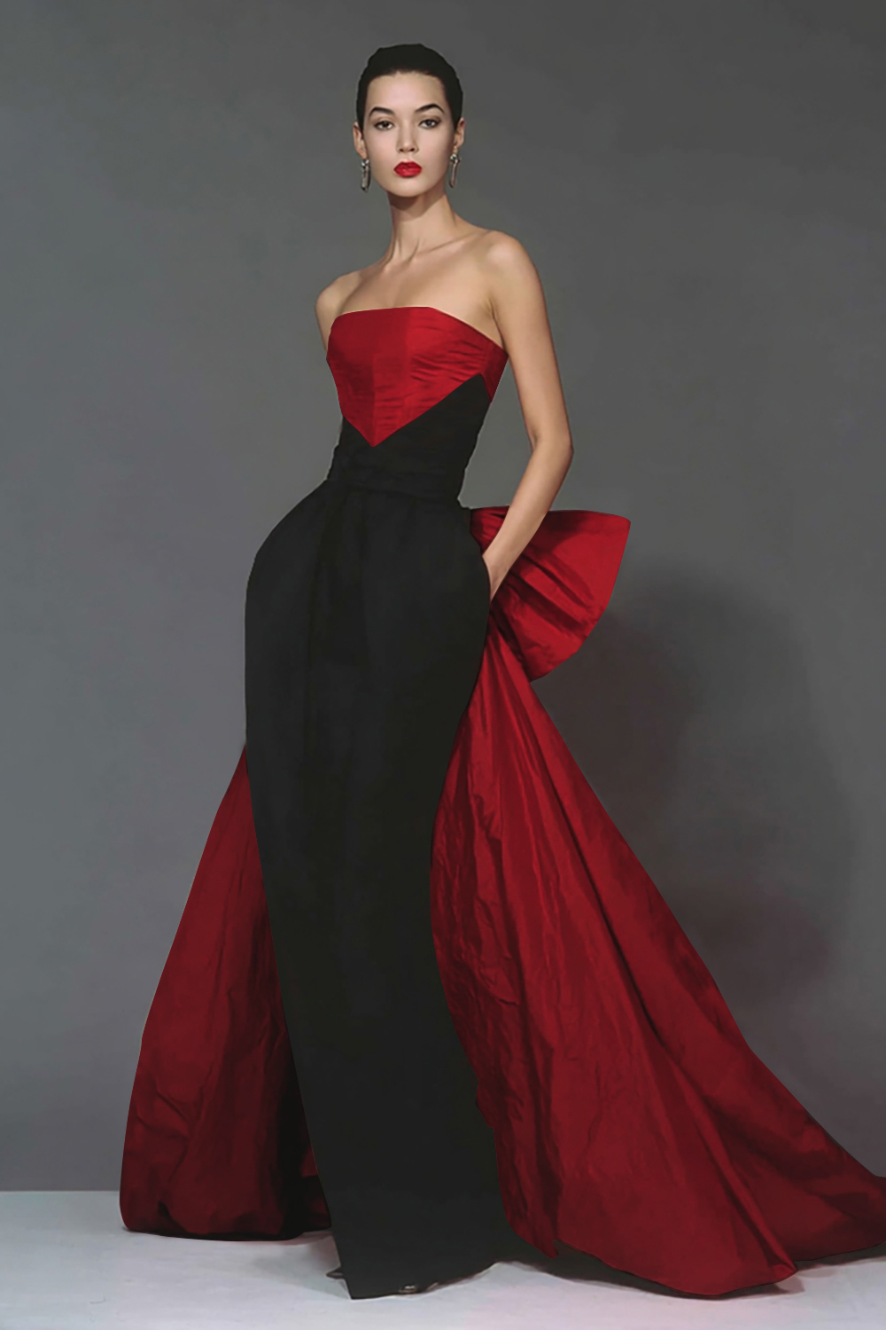 Elegant Black and Red Strapless Long Mermaid Formal Dress with Cape