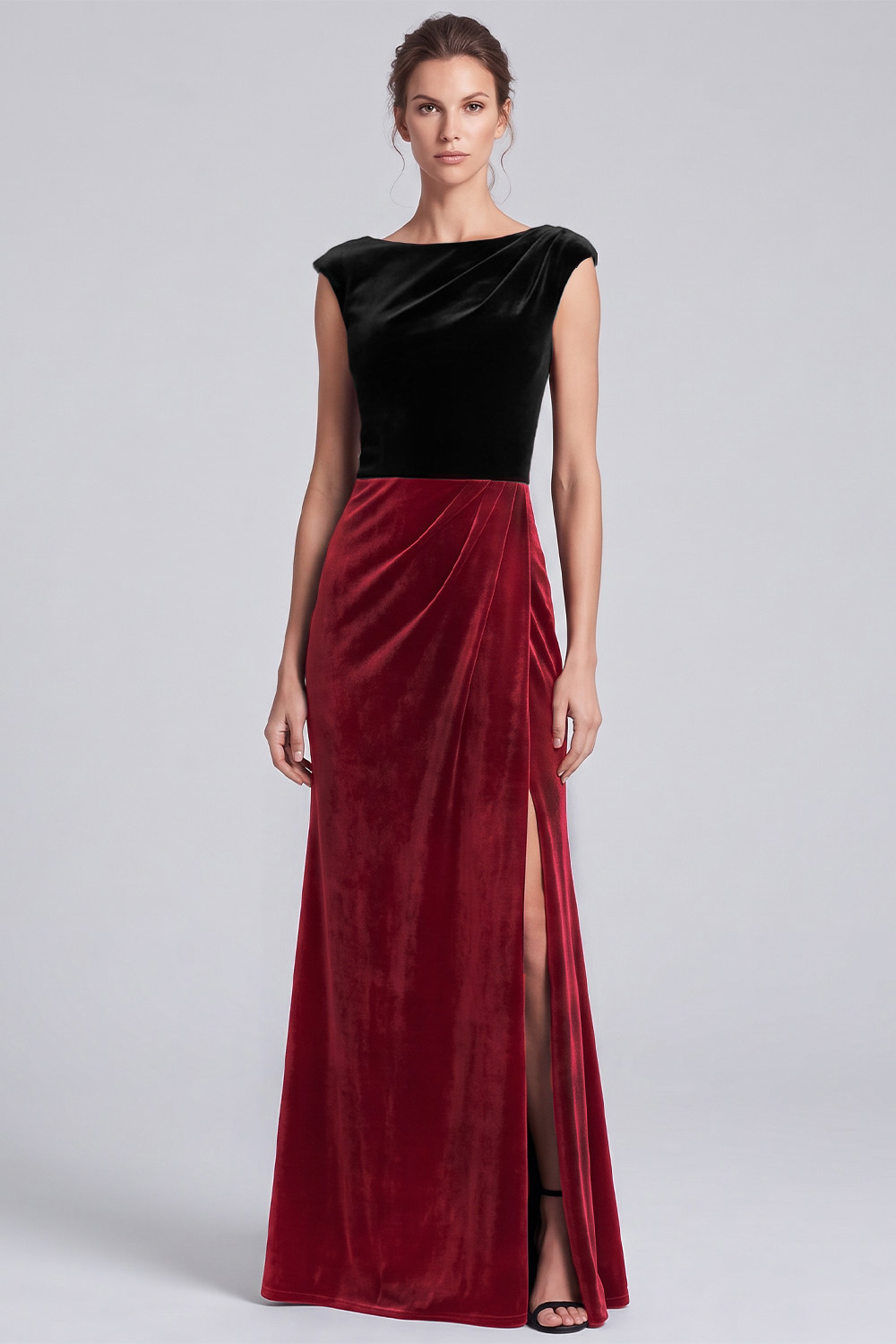 Black and Brown Velvet Sheath Boat Neck Ruched Long Holiday Party Dress with Slit