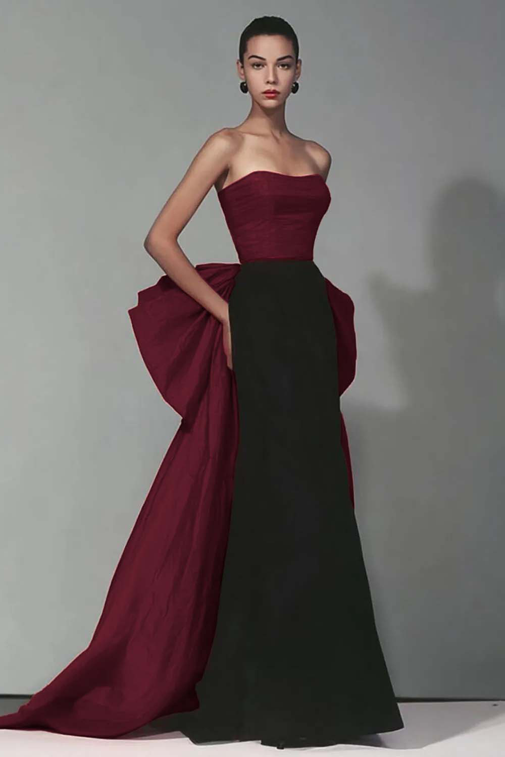 Elegant Black and Red Strapless Long Mermaid Formal Dress with Bow