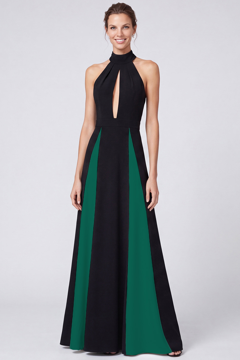 Black and White A Line Keyhole Patchwork Halter Long Formal Dress