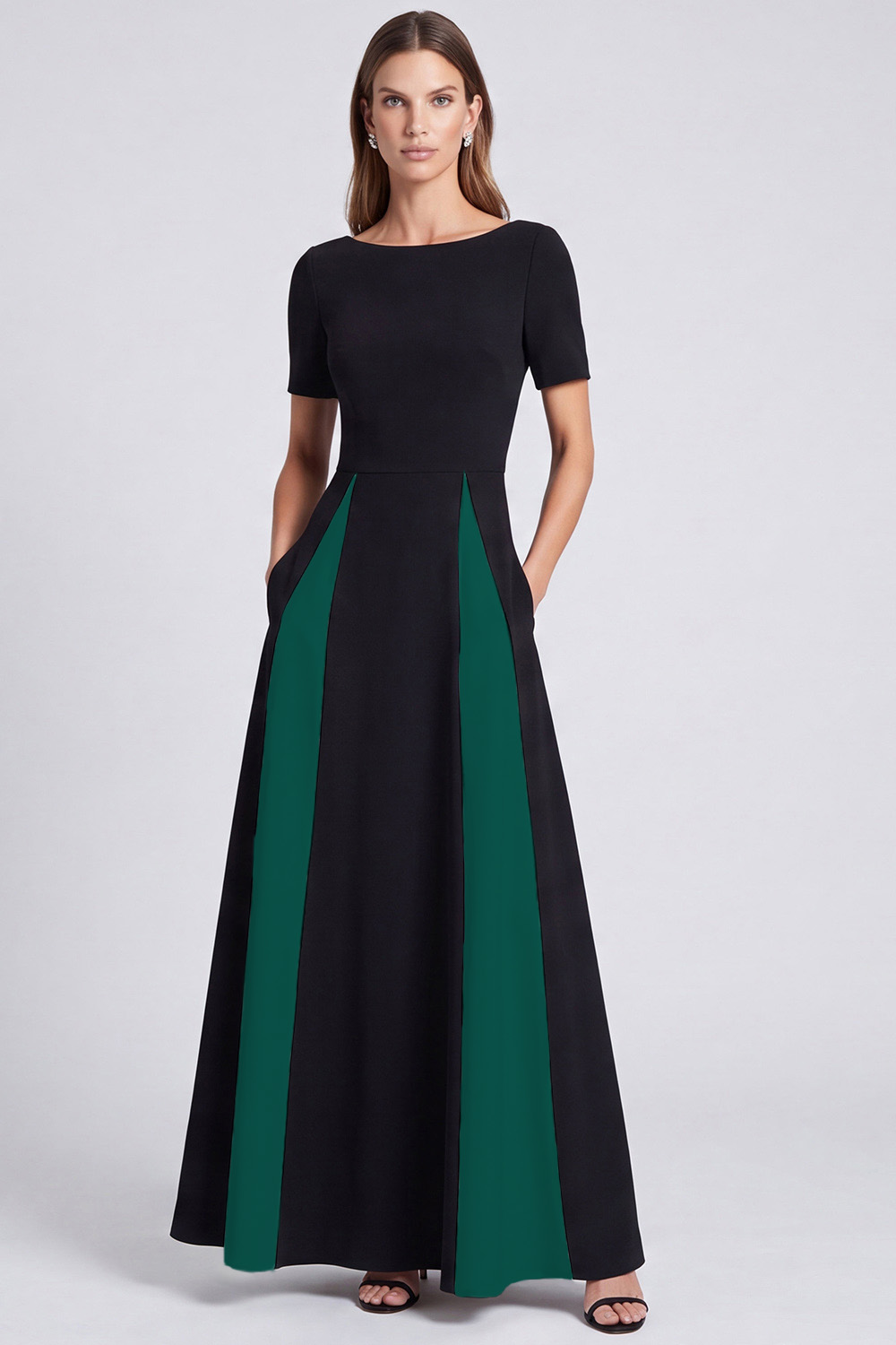 Black and White Boat Neck A Line Long Formal Dress with Pockets