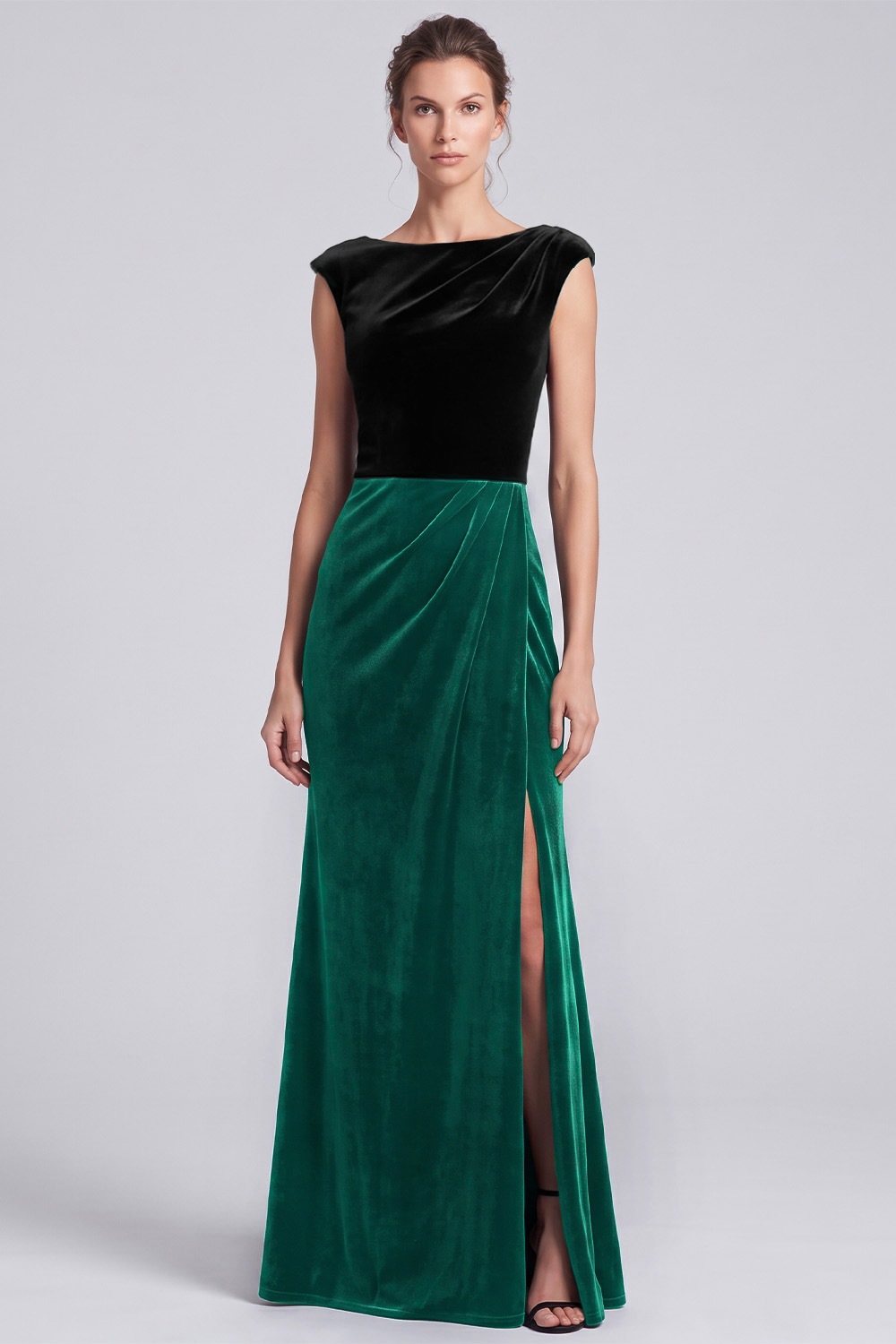 Black and Brown Velvet Sheath Boat Neck Ruched Long Holiday Party Dress with Slit