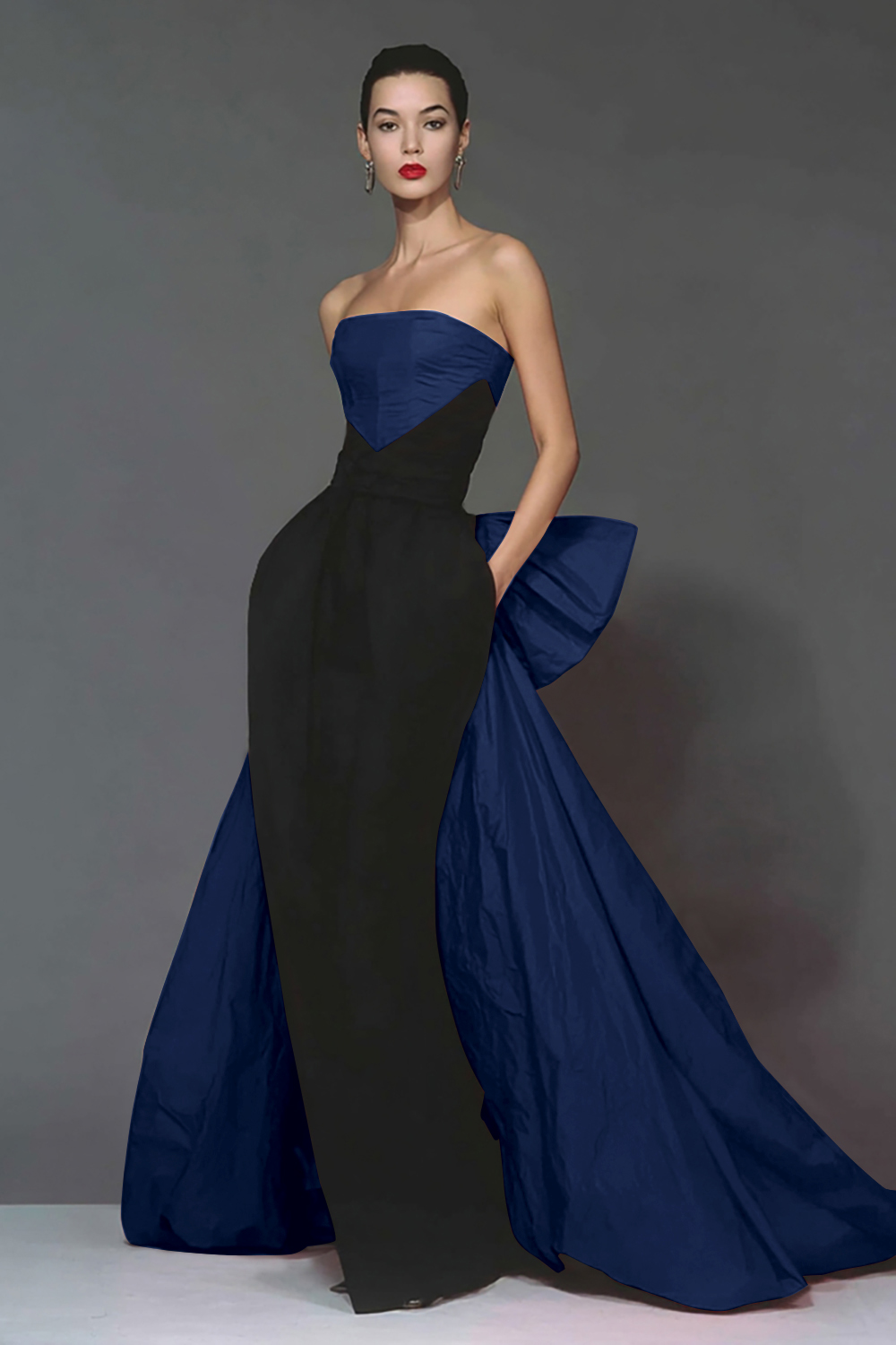 Elegant Black and Red Strapless Long Mermaid Formal Dress with Cape