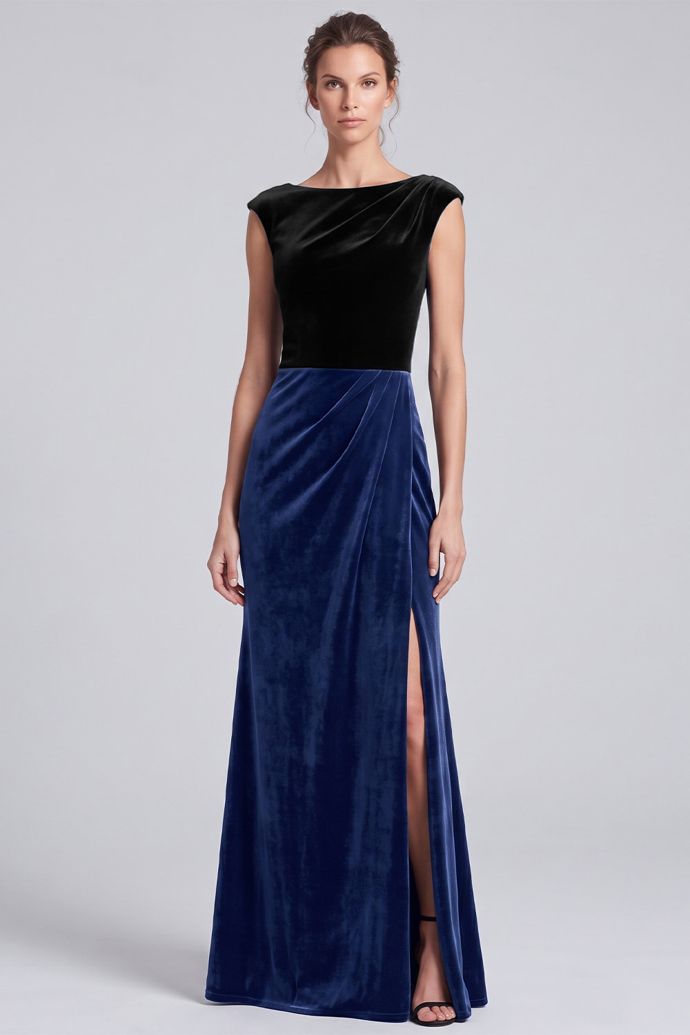 Black and Brown Velvet Sheath Boat Neck Ruched Long Holiday Party Dress with Slit
