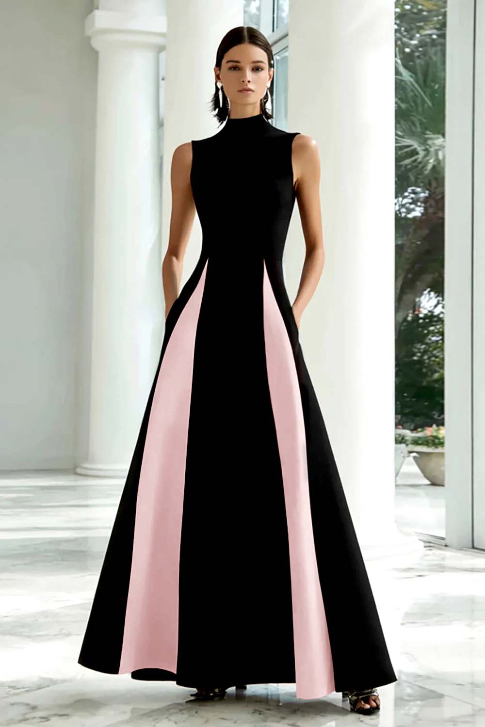 Black and White A-Line High Neck Long Satin Formal Dress