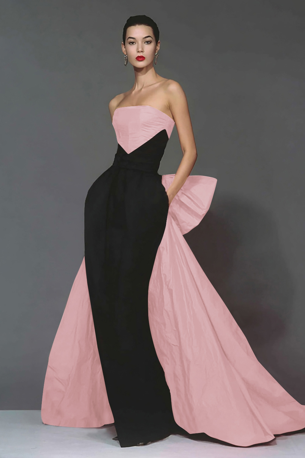 Elegant Black and Red Strapless Long Mermaid Formal Dress with Cape