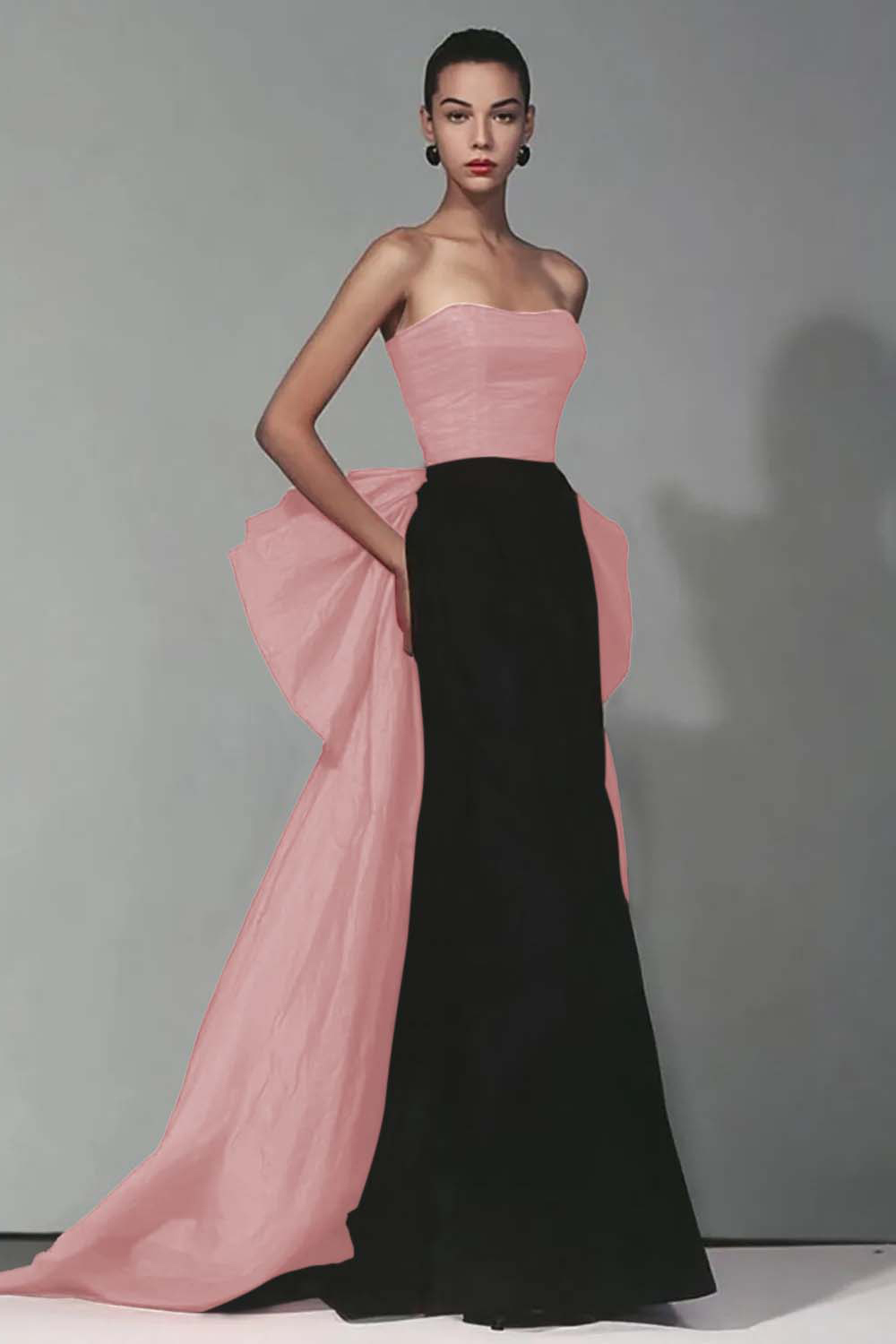 Elegant Black and Red Strapless Long Mermaid Formal Dress with Bow