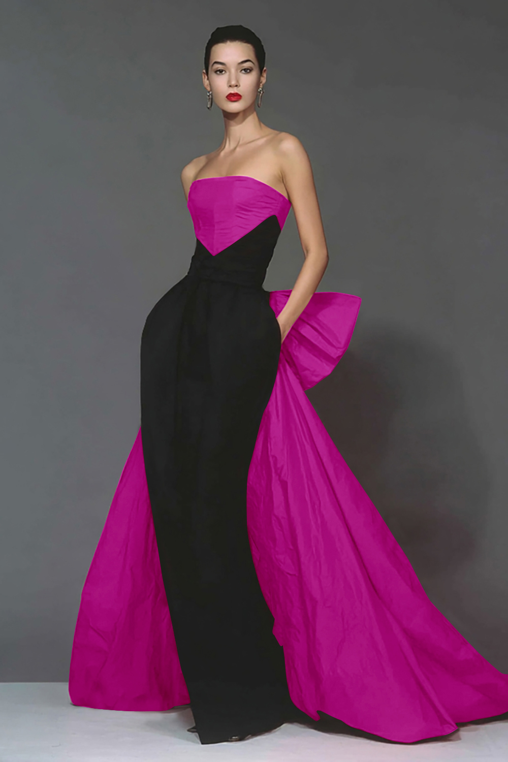 Elegant Black and Red Strapless Long Mermaid Formal Dress with Cape