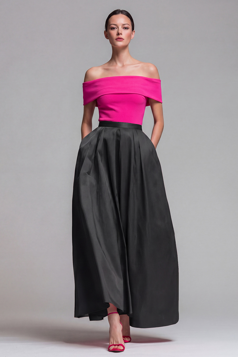 Fuchsia and Red A Line Off the Shoulder Long Patchwork Formal Dress