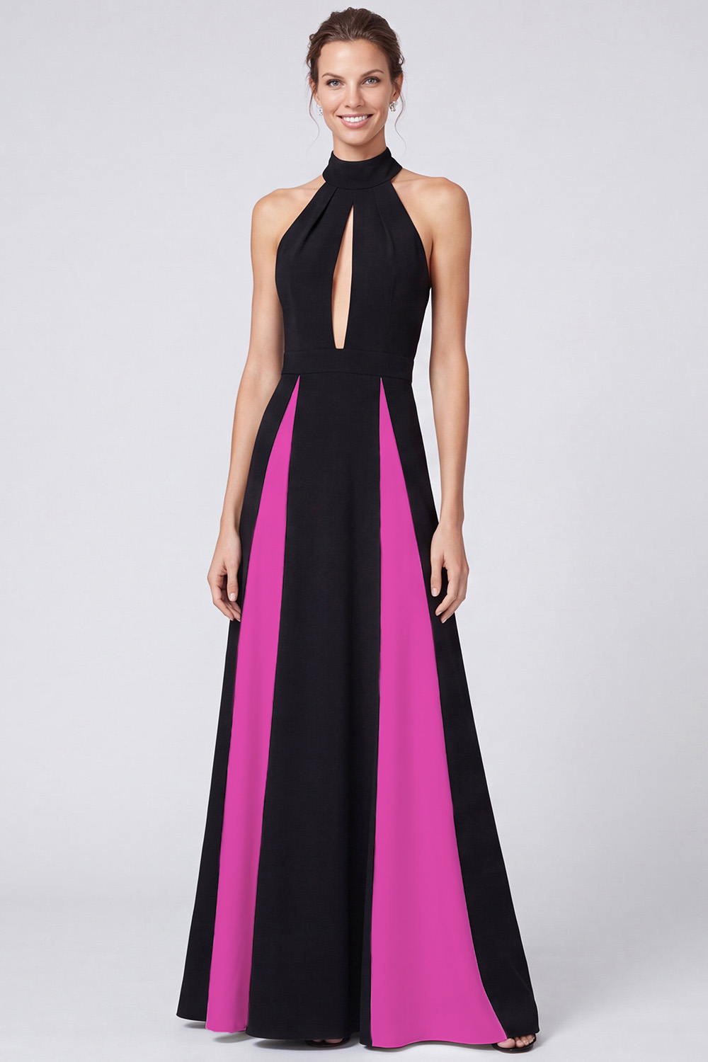 Black and White A Line Keyhole Patchwork Halter Long Formal Dress