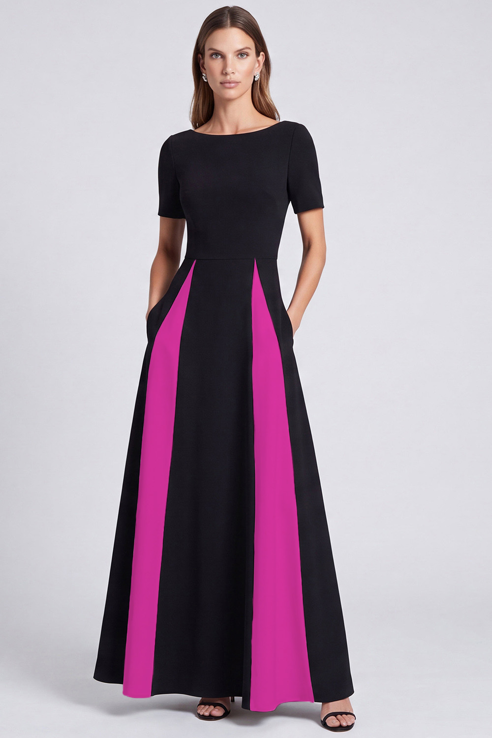 Black and White Boat Neck A Line Long Formal Dress with Pockets