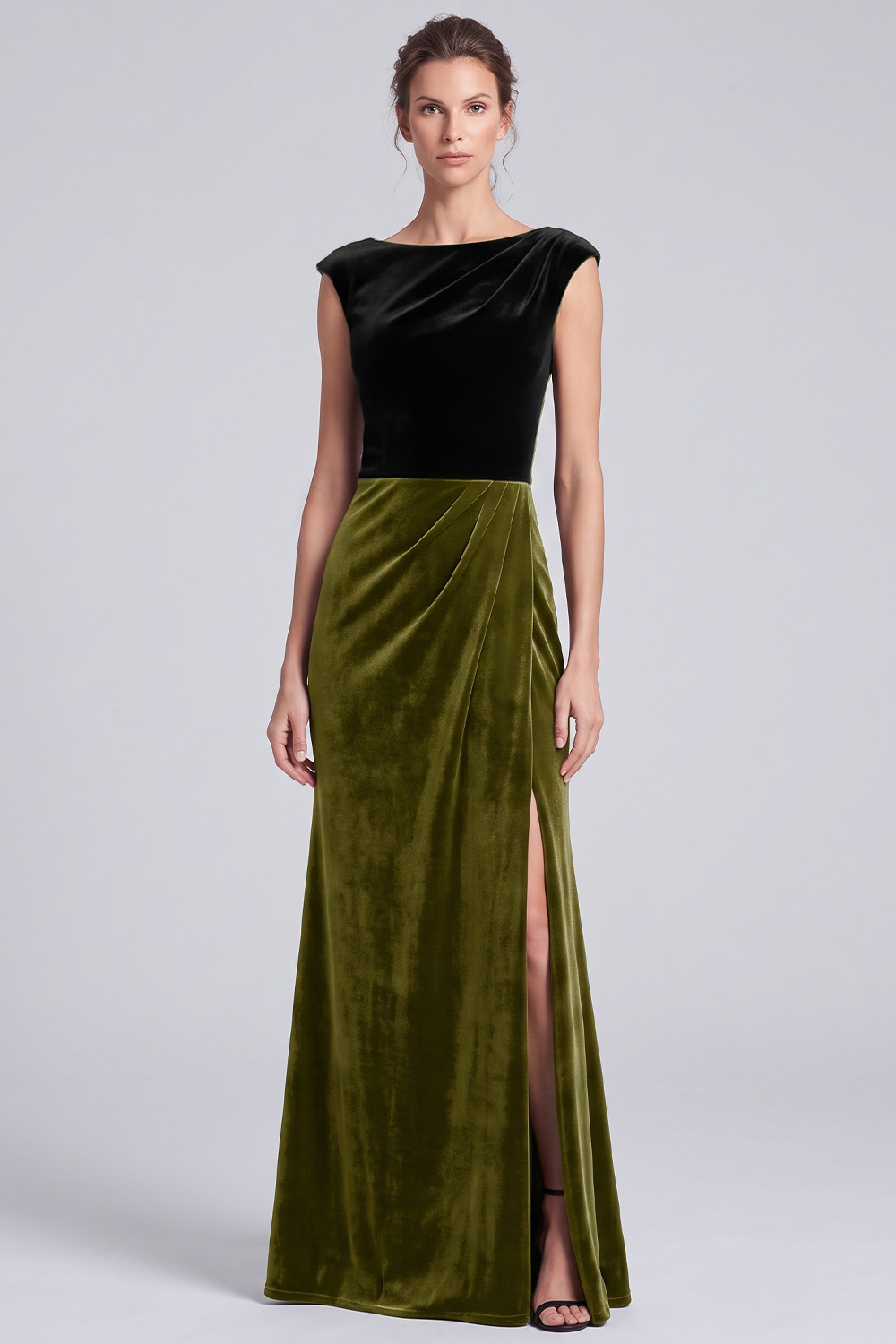 Black and Brown Velvet Sheath Boat Neck Ruched Long Holiday Party Dress with Slit