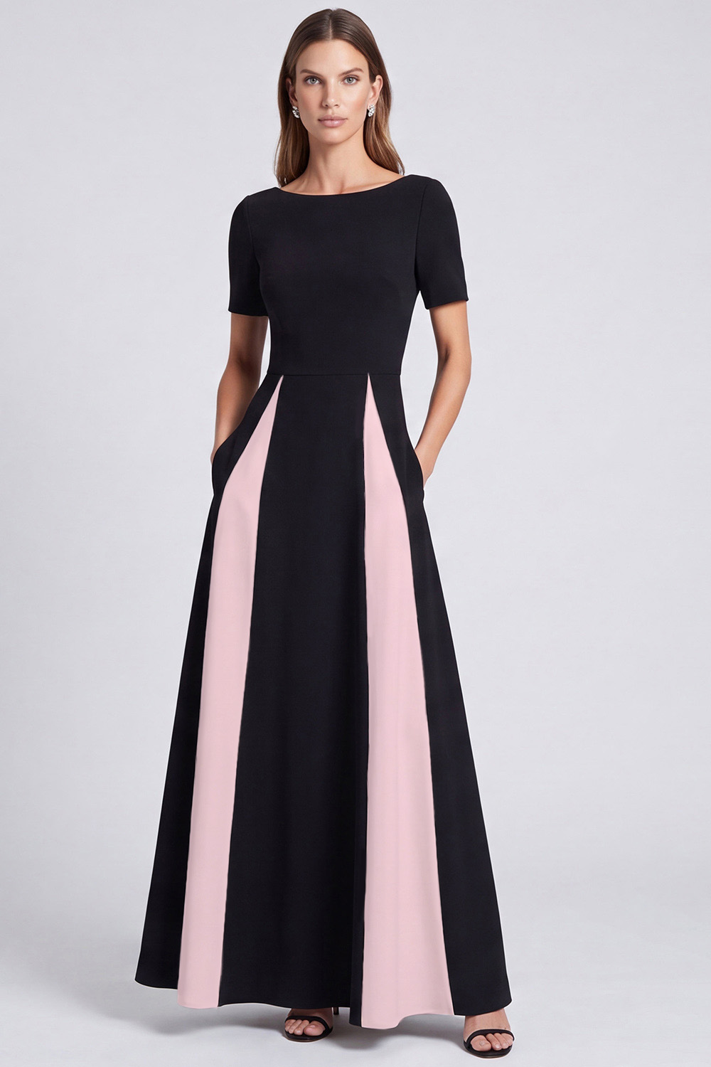 Black and White Boat Neck A Line Long Formal Dress with Pockets