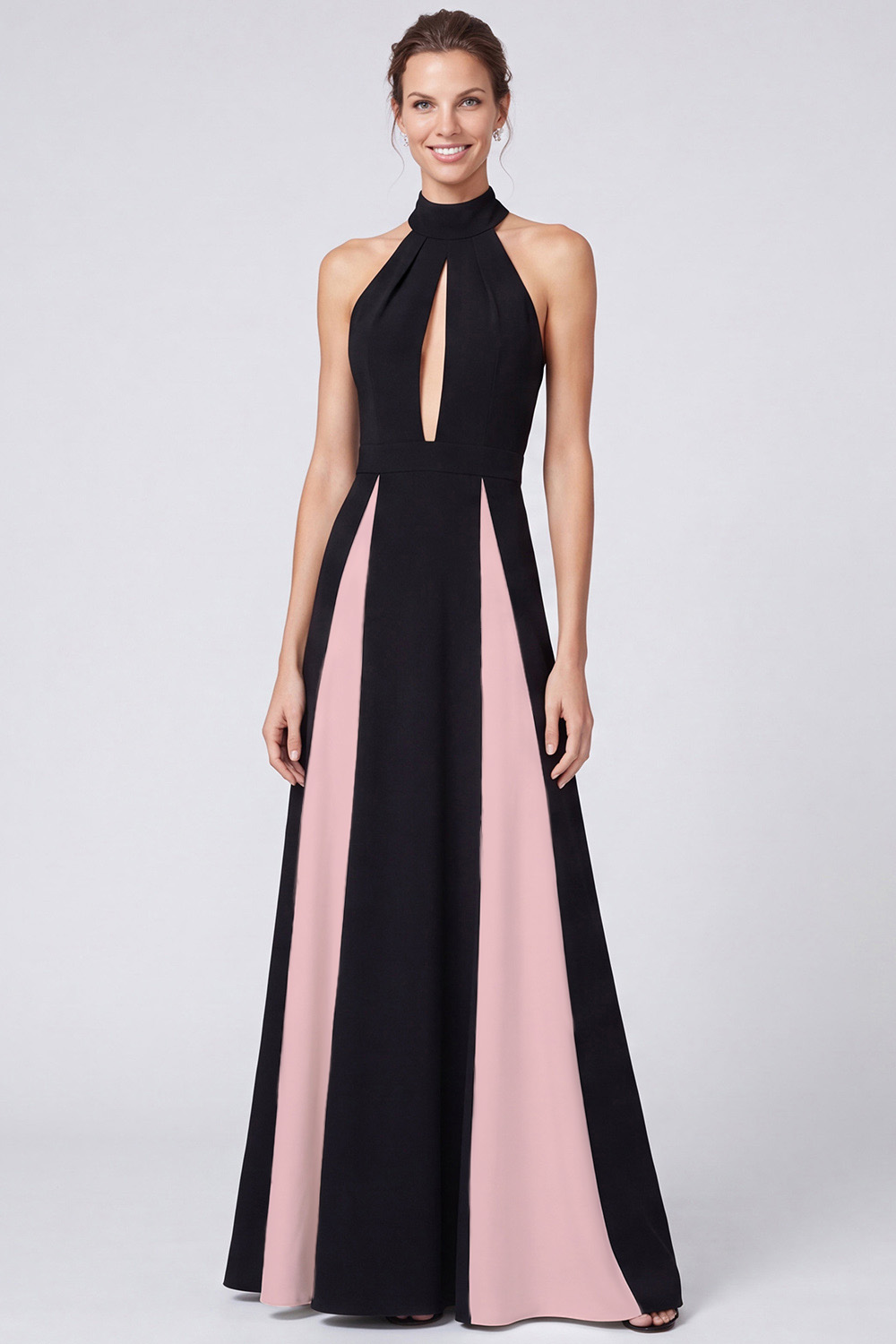 Black and White A Line Keyhole Patchwork Halter Long Formal Dress