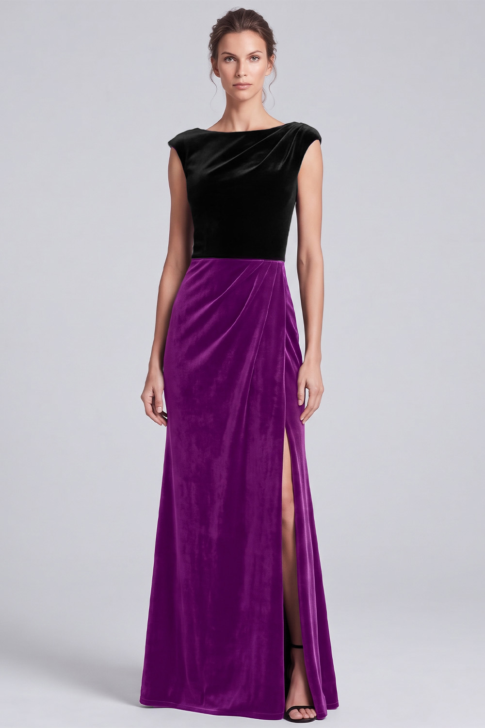 Black and Brown Velvet Sheath Boat Neck Ruched Long Holiday Party Dress with Slit