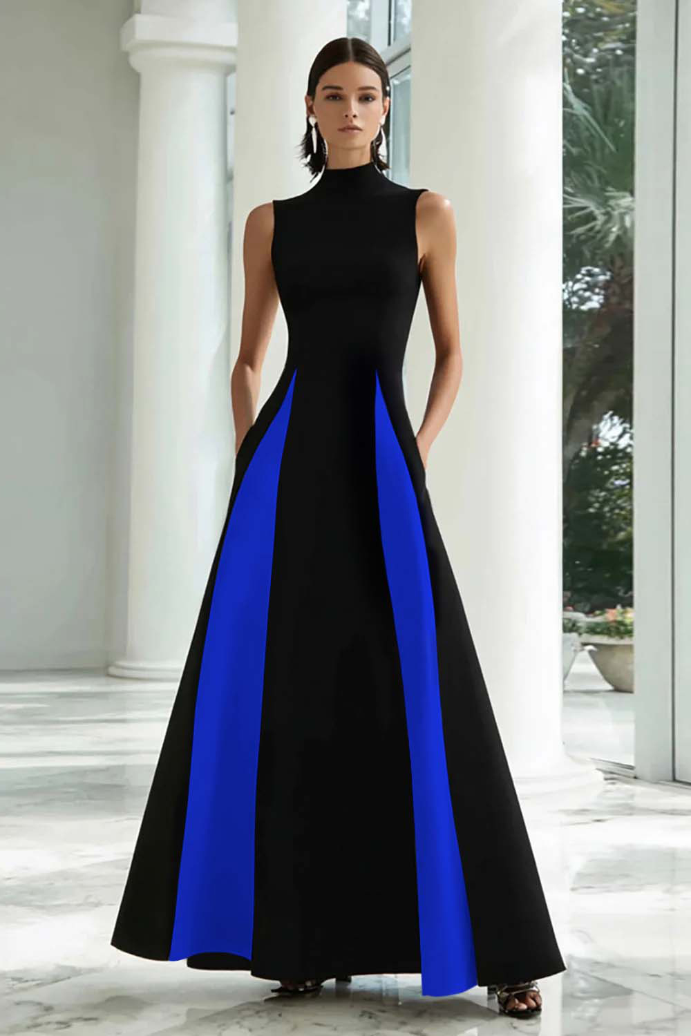 Black and White A-Line High Neck Long Satin Formal Dress