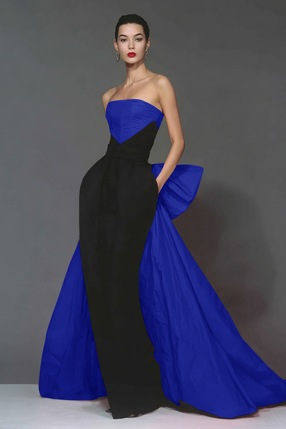 Elegant Black and Red Strapless Long Mermaid Formal Dress with Cape