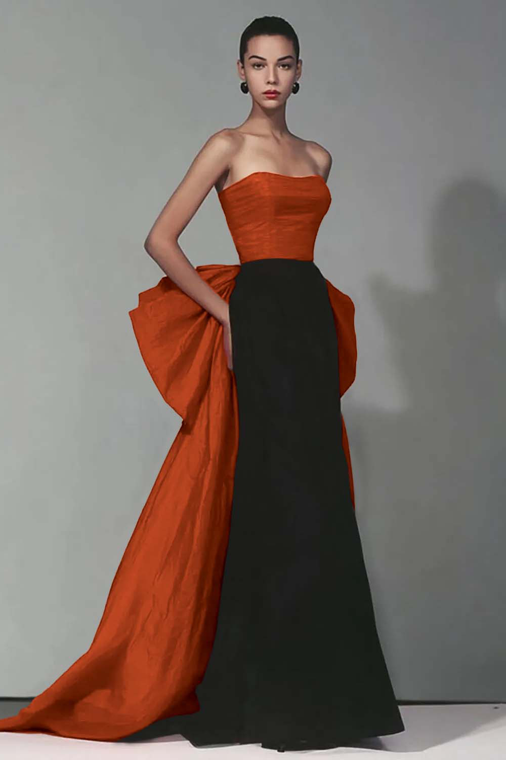 Elegant Black and Red Strapless Long Mermaid Formal Dress with Bow