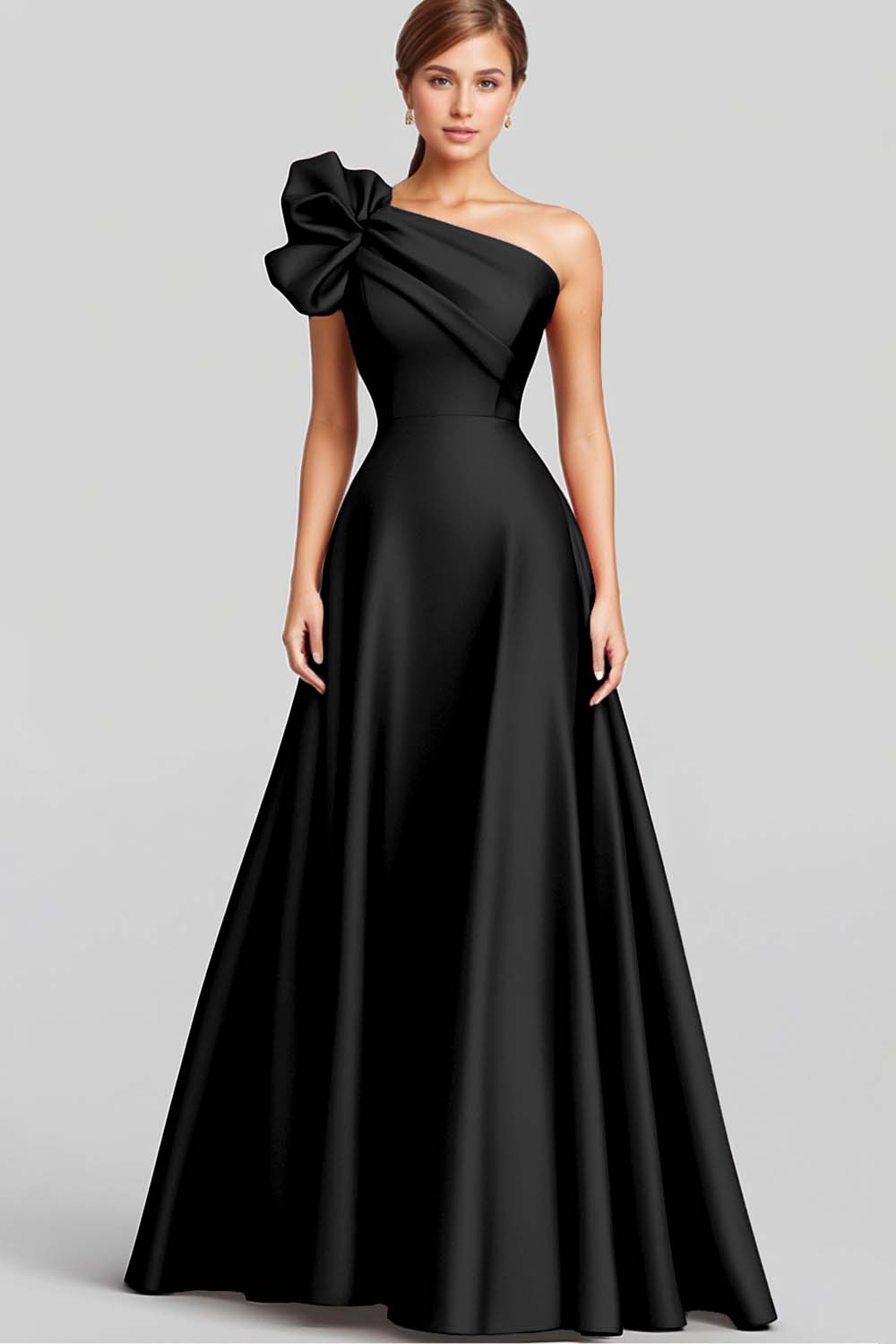 Black One Shoulder Satin A Line Long Formal Dress