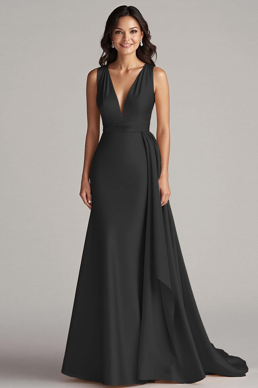 Champagne Deep V-Neck Sleeveless Long Satin Formal Dress