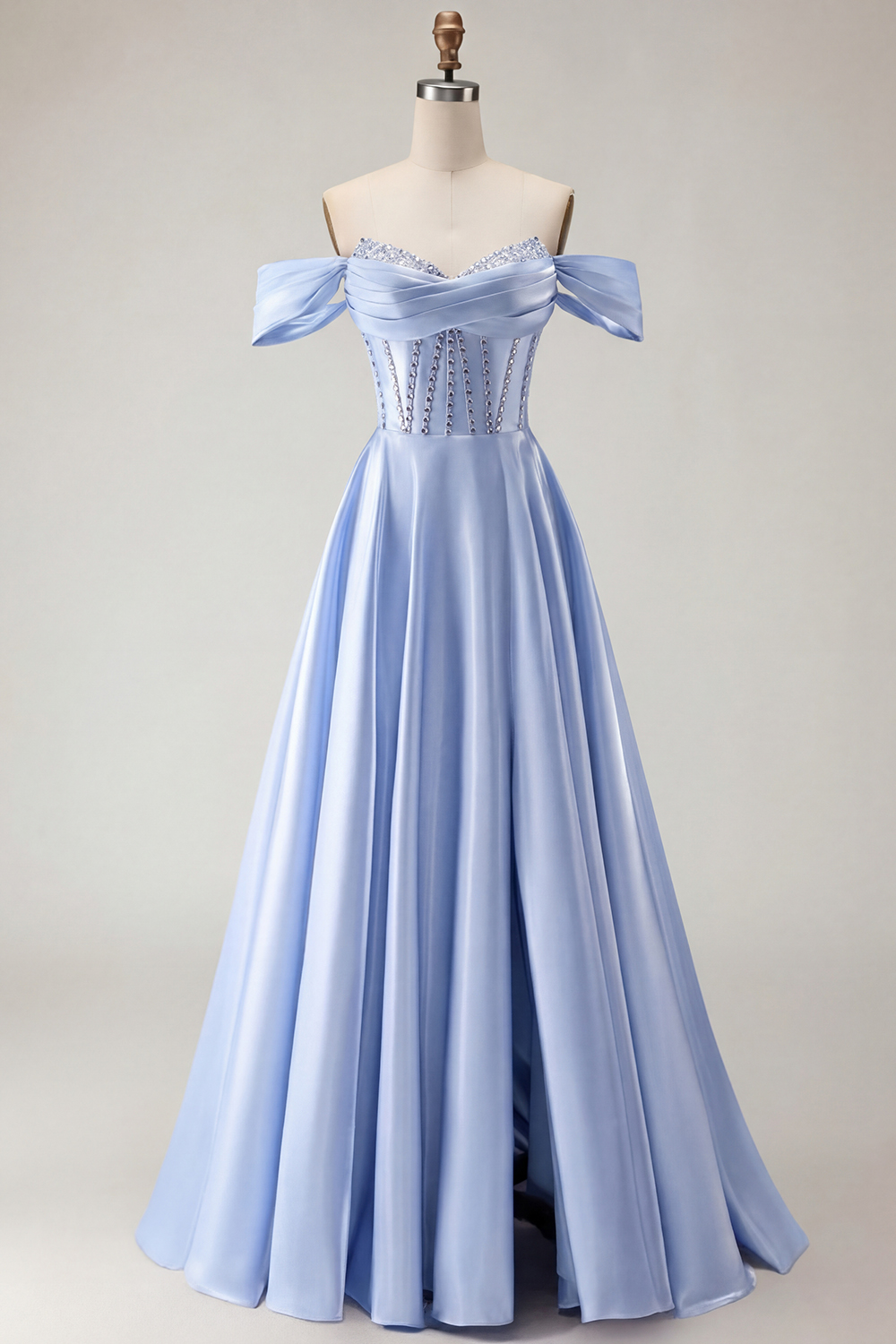 Sparkly Purple A-Line Satin Off the Shoulder Long Corset Prom Dress with Slit