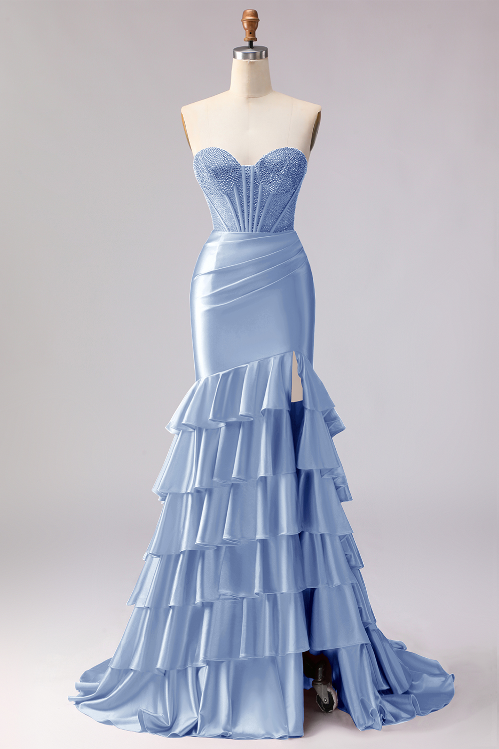 Sparkly Red Beaded Mermaid Sweetheart Ruffled Long Corset Prom Dress