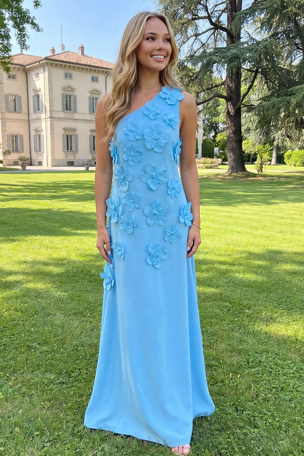Floral Yellow Sheath One Shoulder Maxi Formal Dress