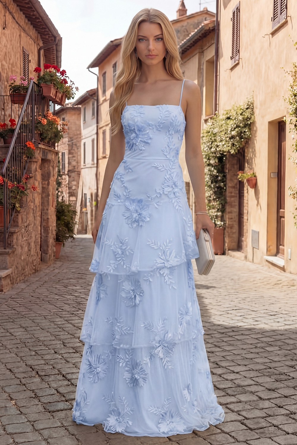 Yellow Spaghetti Straps Floral Long A Line Prom Dress with Ruffles