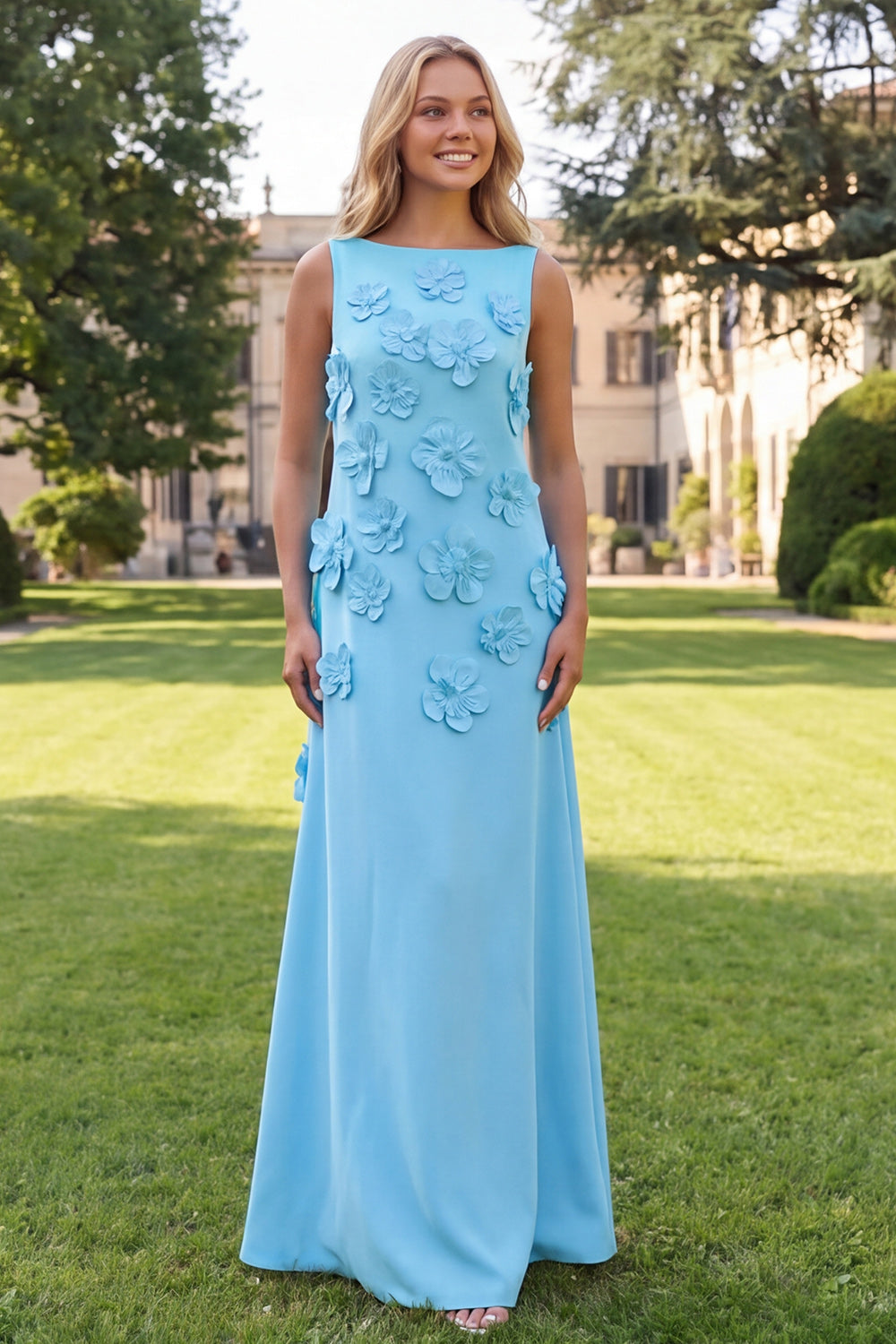 Floral Hot Pink A Line Boat Neck Long Formal Dress