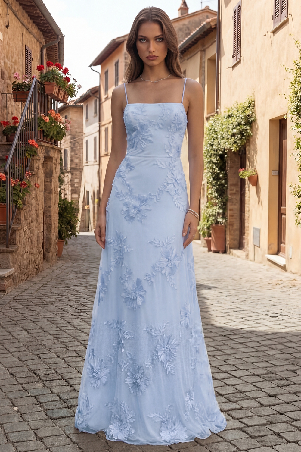 Yellow A Line Spaghetti Straps Long Floral Prom Dress with Appliques