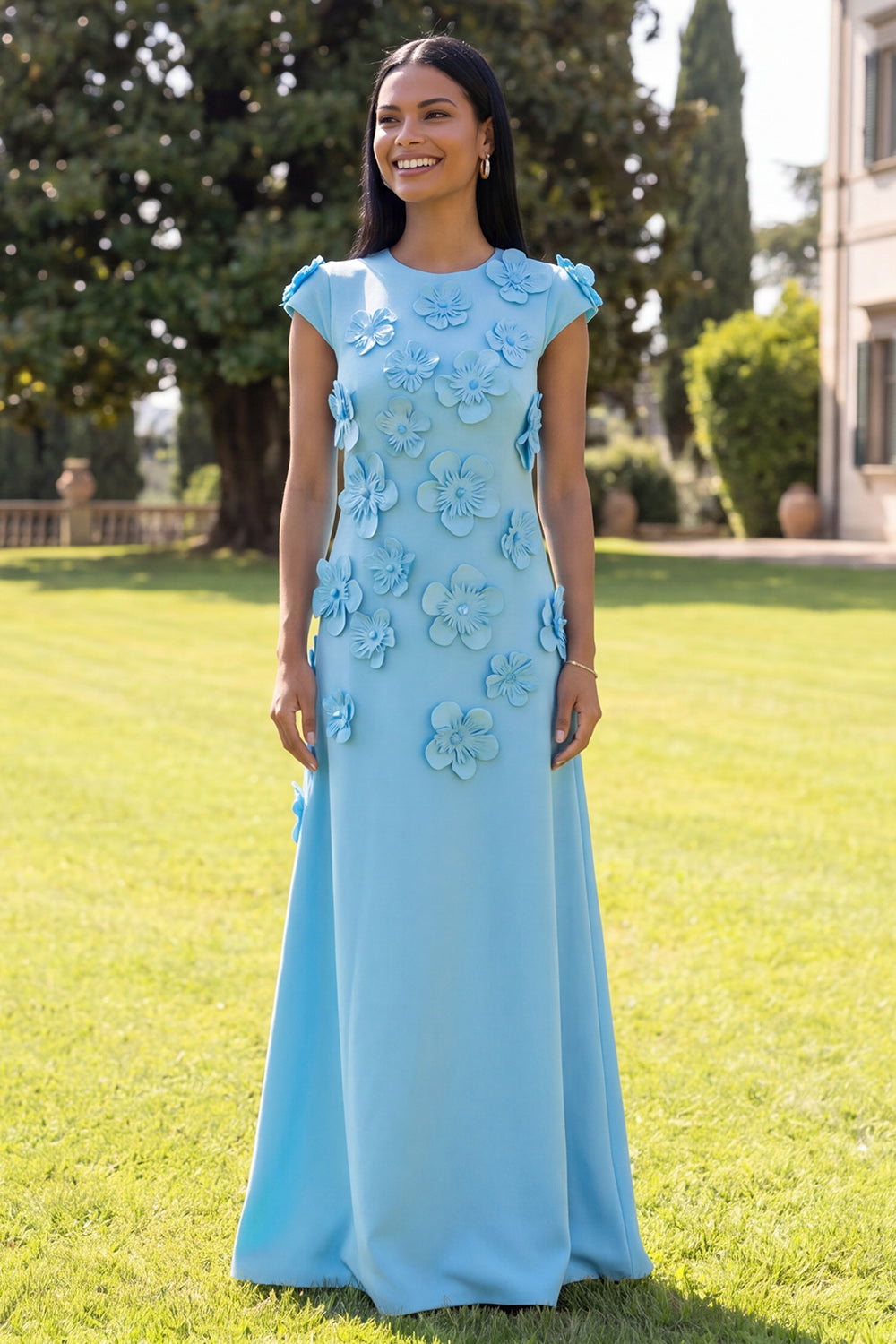 Navy A Line Floral Round Neck Long Formal Dress with Sleeves
