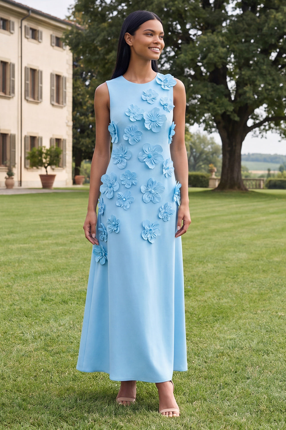 A Line Round Neck Yellow Floral Maxi Formal Dress